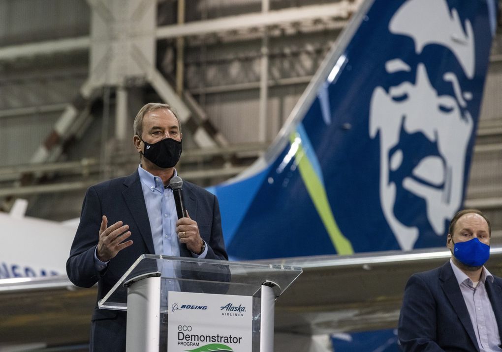 Inside a hangar at Boeing Field in September, Mike Sinnett, Boeing Commercial Airplanes vice president of product development, outlined a series of small-scale sustainability research projects being tested on a borrowed Alaska Airlines 737 MAX 9 ecoDemonstrator jet.
(Daniel Kim / The Seattle Times)