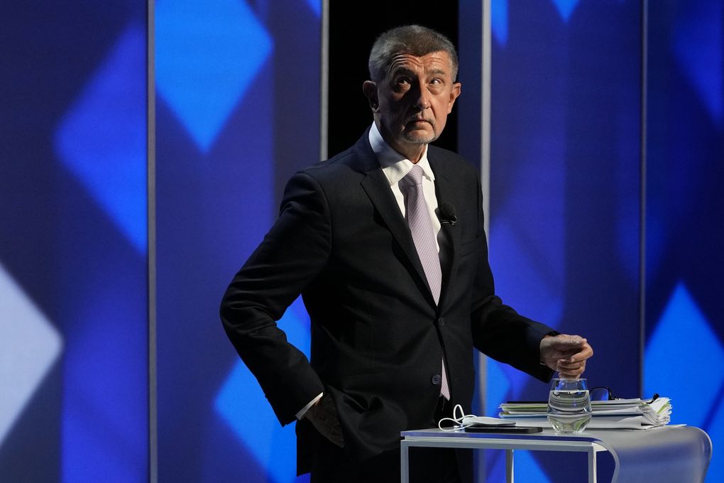 Czech Republic’s Prime Minister Andrej Babis attends a TV debate ahead of the upcoming general election in Prague, Czech Republic, Sunday, Oct. 3, 2021. (Petr David Josek / The Associated Press)
