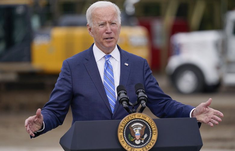 President Joe Biden delivers remarks on his “Build Back Better” agenda during a visit to the International Union Of Operating Engineers Local 324, Tuesday, Oct. 5, 2021, in Howell, Mich. (AP Photo/Evan Vucci) MDEV450 MDEV450