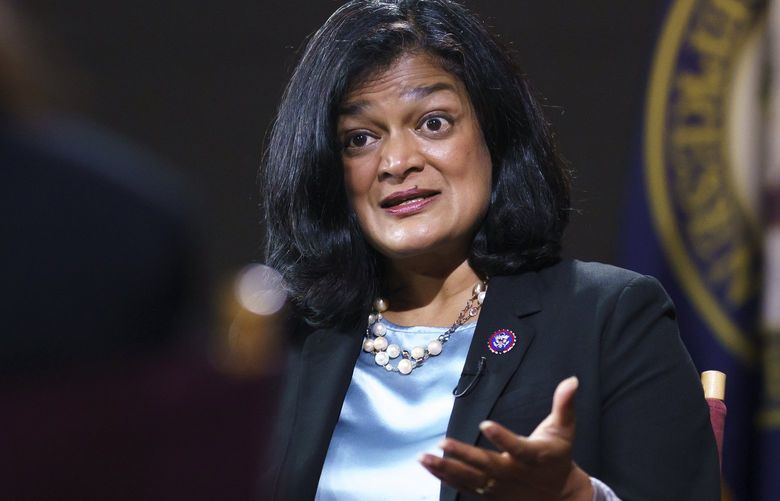 Rep. Pramila Jayapal, D-Wash., chair of the nearly 100-member Congressional Progressive Caucus, talks to The Associated Press about her goals as a champion of human rights issues, and President Joe Biden’s domestic agenda, at the Capitol in Washington, Thursday, Oct. 7, 2021. Now in her third term, Jayapal represents Washington’s 7th District and is the first South Asian-American woman elected to the House of Representatives. (AP Photo/J. Scott Applewhite) DCSA108 DCSA108