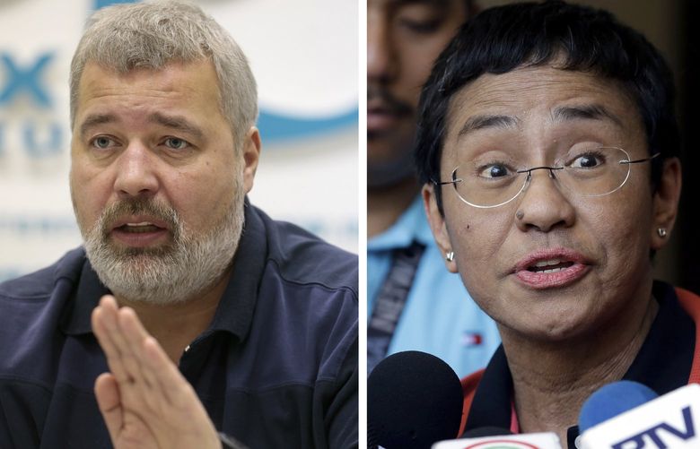 FILE – A combo of file images of Novaya Gazeta editor Dmitry Muratov, left, and of Rappler CEO and Executive Editor Maria Ressa. On Friday, Oct. 8, 2021 the Nobel Peace Prize was awarded to journalists Maria Ressa of the Philippines and Dmitry Muratov of Russia for their fight for freedom of expression. (AP Photo/Mikhail Metzel and Aaron Favila, File) TH106 TH106