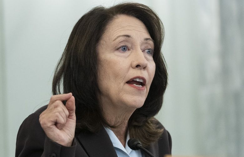 Sen. Maria Cantwell, D-Wash., speaks during a Senate Committee on Commerce, Science, and Transportation hearing on Capitol Hill on Tuesday, Oct. 5, 2021, in Washington. (Drew Angerer/Pool via AP) WX423 WX423