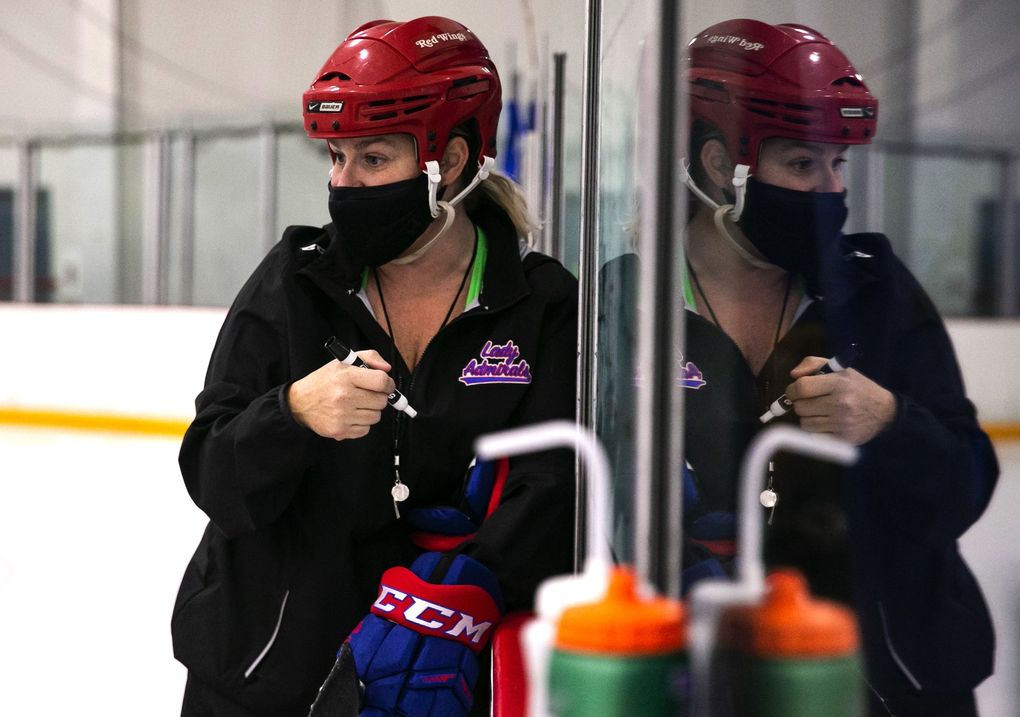Lady Admirals coach Andrea Finatti goes over a drill during practice at Olympic View Arena in Mountlake Terrace on Wednesday, Oct. 5, 2021.
Young players and coaches are creating a future where hockey is more accessible and diverse.
(Amanda Snyder / The Seattle Times)