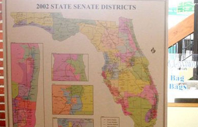 Maps with existing district lines are on display in the lobby, as constituents gather to voice their opinion to House and Senate members during the Florida Legislature’s redistricting hearing in Orlando, at the Bob Carr Performing Arts Centre downtown, Wednesday, July 27, 2011. (Joe Burbank/Orlando Sentinel/TNS) 29339866W 29339866W