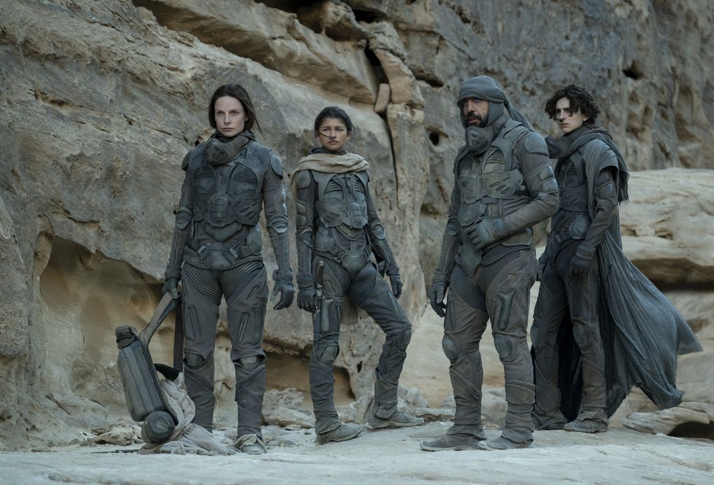 “Dune” includes, from left, Rebecca Ferguson as Lady Jessica Atreides, Zendaya as Chani, Javier Bardem as Stilgar and Timothée Chalamet as Paul Atreides. (Chia Bella James)