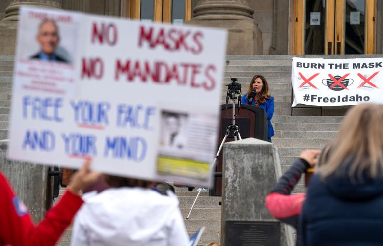 Idaho Lieutenant Governor Janice McGeachin speaks during a mask burning event at the Idaho Statehouse on March 6, 2021, in Boise, Idaho. Idahoans have similarly been opposed to the COVID-19 vaccines. (Nathan Howard/Getty Images/TNS) 28845770W 28845770W