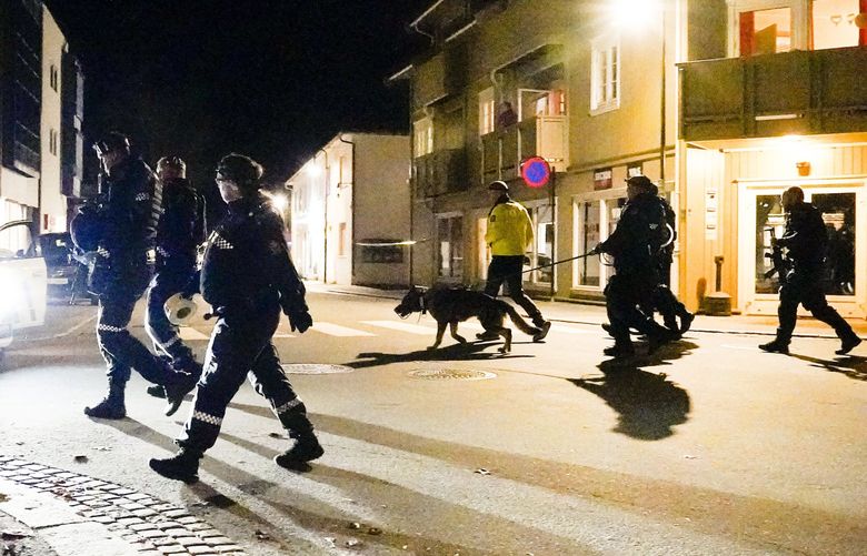 Police walk at the scene after an attack in Kongsberg, Norway, Wednesday, Oct. 13, 2021. Several people have been killed and others injured by a man armed with a bow and arrow in a town west of the Norwegian capital, Oslo. (Hakon Mosvold Larsen/NTB Scanpix via AP) LLT833 LLT833