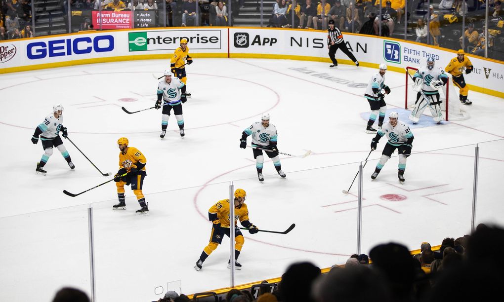 The Kraken quickly falls back into a defensive posture in the third period, preserving the franchise’s first-ever win Thursday, Oct. 21, 2021 in Nashville. (Dean Rutz / The Seattle Times)