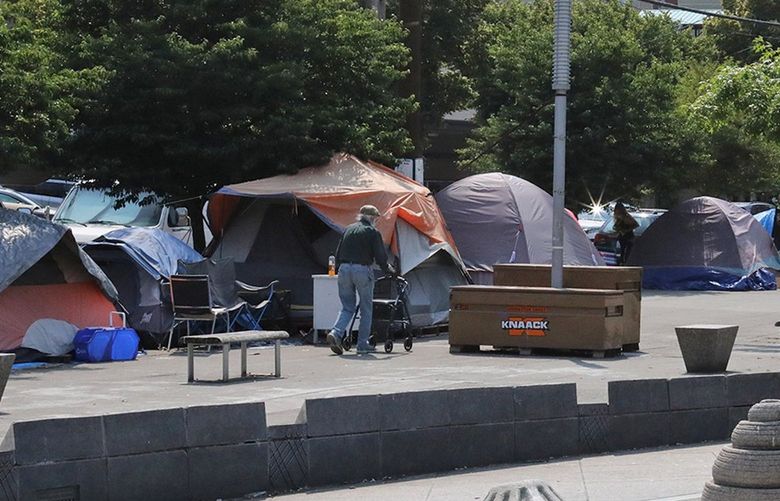 Because of the surrounding homeless tents, the city will not activate the Ballard Commons spray park this summer. 217558