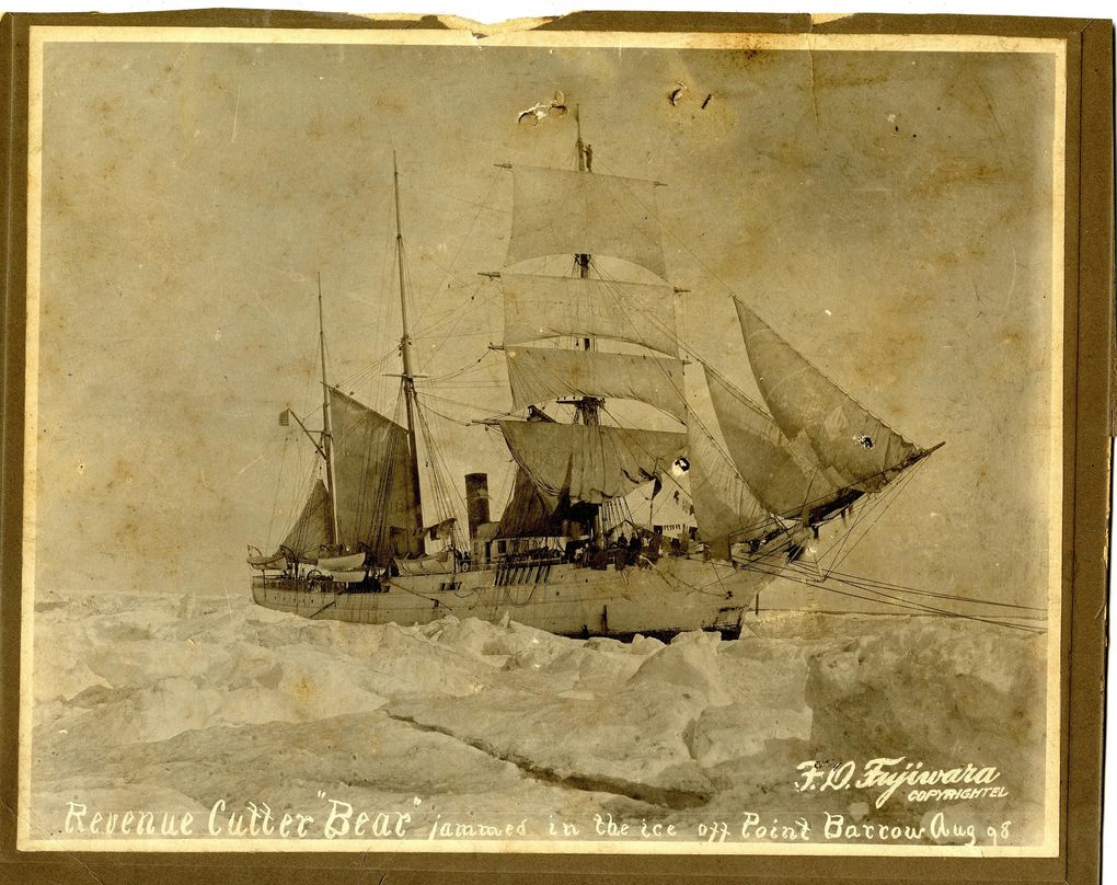 A print of a photo of the Revenue Cutter Bear in the ice off Point Barrow, Alaska, in August 1898. (F.D. Fujiwara / U.S. Coast Guard)