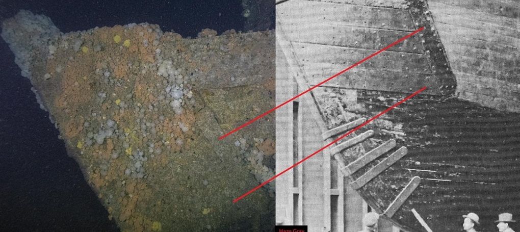 At left, a 2021 image of the port bow of the “unidentified wreck” showing similar sheathing patterns to the historic image of U.S. Revenue Cutter Bear while in dry dock in 1925. (Left image courtesy of NOAA/MITech; right image courtesy of the U.S. Coast Guard)