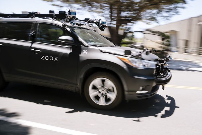 A Zoox self-driving car at the company’s headquarters in Foster City, California. (Michael Short / Bloomberg)