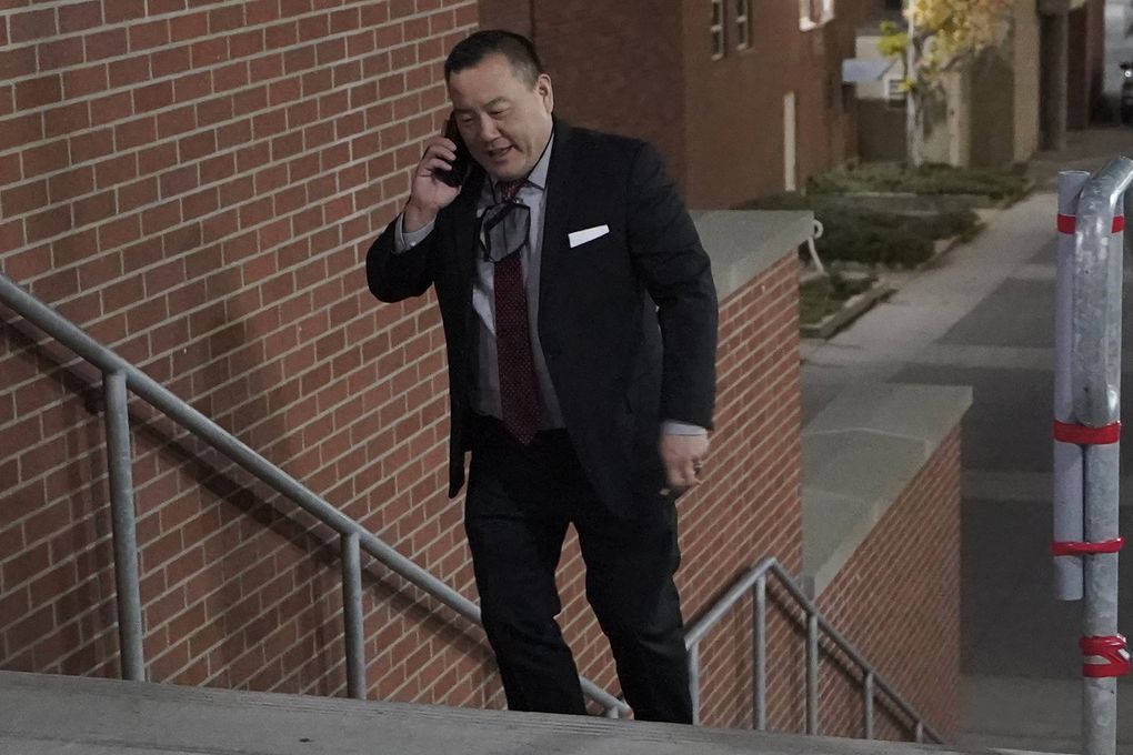 Washington State University Athletic Director Pat Chun in Pullman on Monday. Head WSU football coach Nick Rolovich and four of his assistants were fired on Monday for refusing a state mandate that all employees get vaccinated against COVID-19, making him the first major college coach to lose his job over vaccination status.  (Ted S. Warren / The Associated Press)