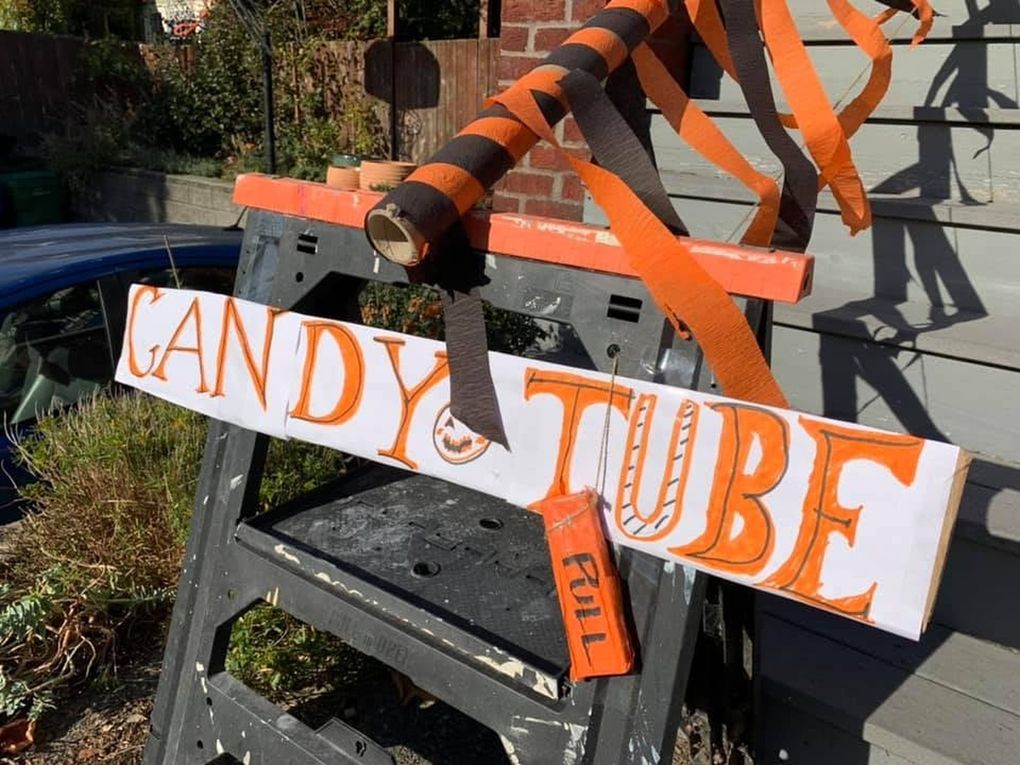 The author’s candy chute features a tab that is pulled by trick-or-treaters for sugary service. (Erica Grivas / Special to The Seattle Times)