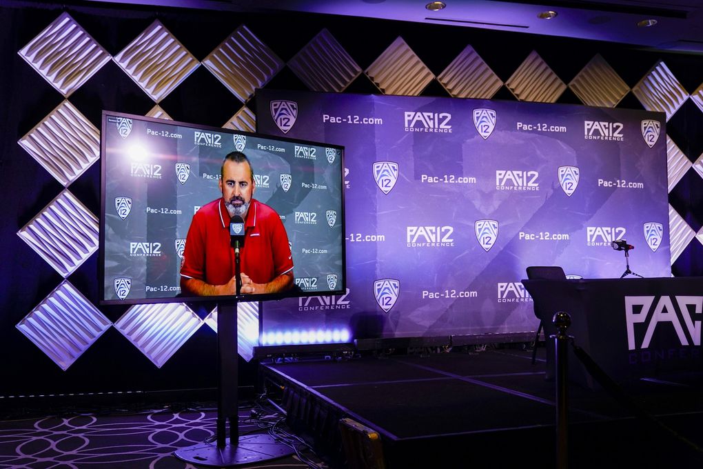 Washington State head coach Nick Rolovich answers question via video conference during the Pac-12 football Media Day Tuesday, July 27, 2021, in Los Angeles. (Marcio Jose Sanchez / AP)