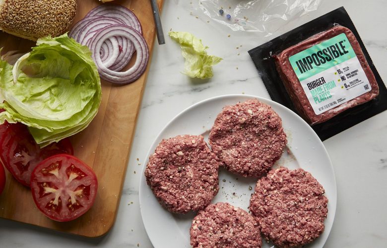 FILE — The Impossible Burger, which has 21 ingredients, including soy, according to the company’s website, in New York, Aug. 30, 2019. (Con Poulos/The New York Times)