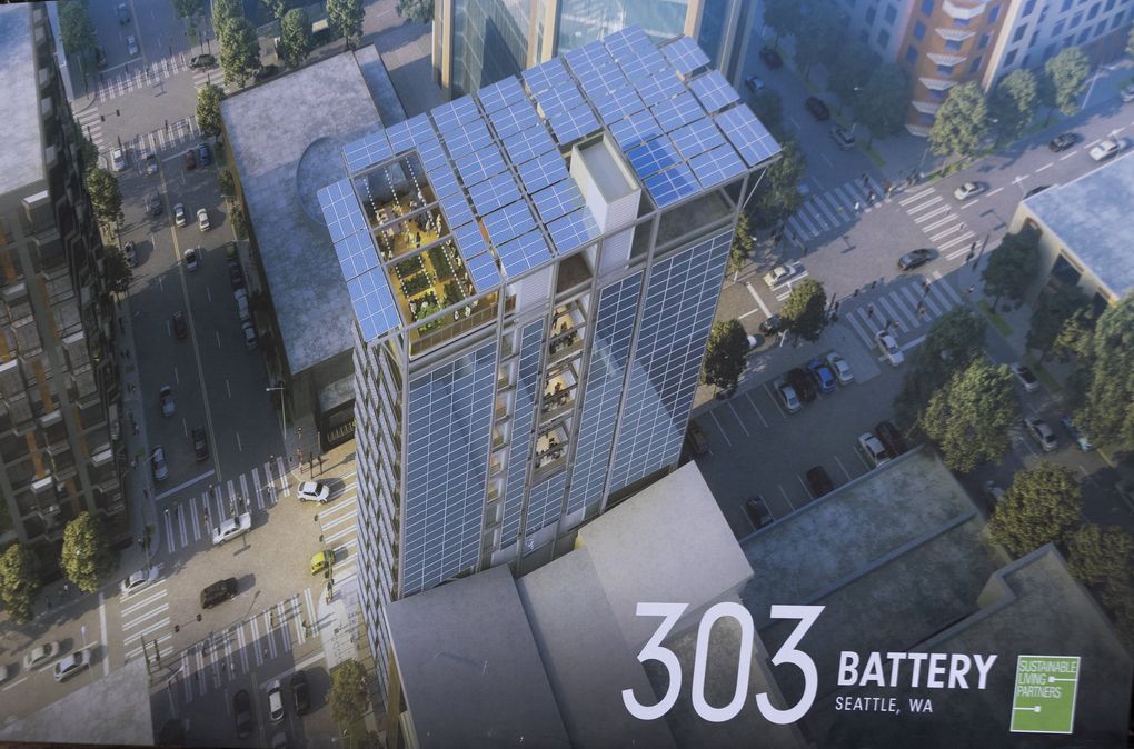 An artist’s rendering of a 15-story apartment building in Belltown in Seattle. When completed, the building will feature 112 units, with 27 of those units designated as affordable. The building is an 100% electric building with no natural gasoline line, no fossil fuels combusted on site and 600+ on-site solar panels. (Ellen M. Banner / The Seattle TImes)