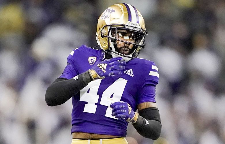 Washington defensive back Brendan Radley-Hiles (44) during the second half of an NCAA college football game against UCLA, Saturday, Oct. 16, 2021, in Seattle. UCLA won 24-17. (AP Photo/Ted S. Warren) OTK