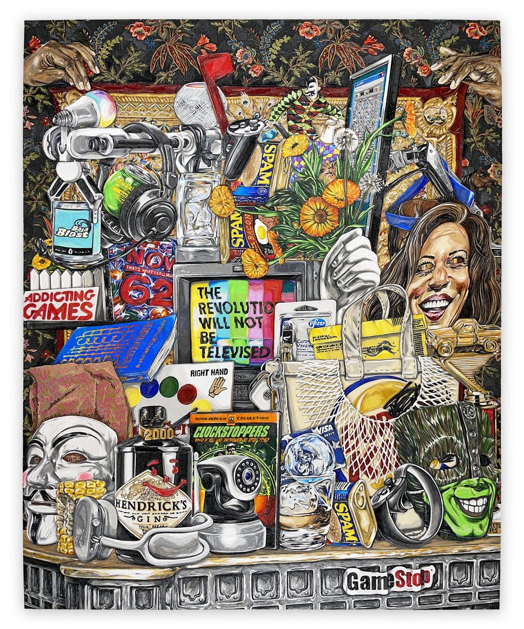 Anthony White, one of the youngest artists on the roster of Greg Kucera Gallery, paints explosively bright work, often featuring smartphones and the detritus of consumption. (Courtesy of Greg Kucera Gallery)