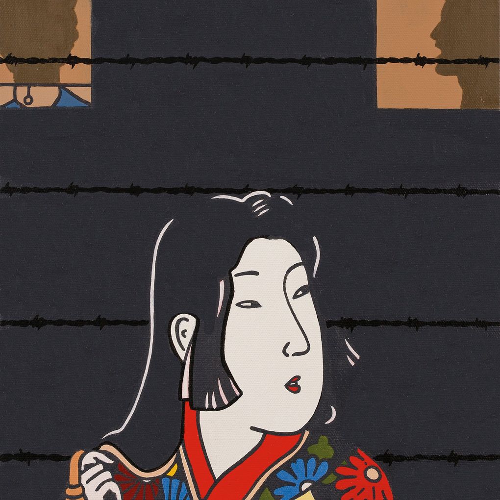 A painting by Roger Shimomura, a longtime artist with Greg Kucera Gallery, who often draws on pop art and ukiyo-e to wrestle with American mass culture and racism, including the incarceration of Japanese Americans during World War II. (Courtesy of Greg Kucera Gallery)