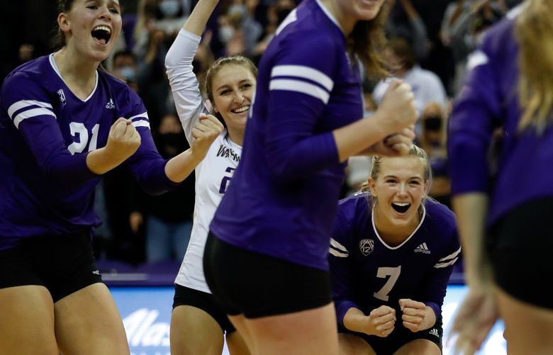 Alaska Airlines Arena at Hec Edmundson Pavilion – University of Washington Husky volleyball vs. Stanford – 102421

\Washington’s Claire Hoffman, left, Lauren Bays and Ella May Powell celebrate the final point over Stanford during the third set Sunday Oct. 24, 2021, in Seattle. 218586