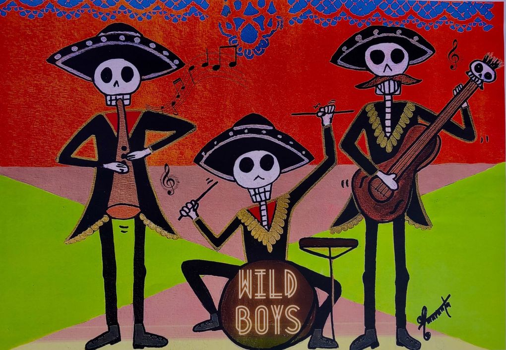 Amaranta Sandys’ “Wild boys,” a 2018 acrylic on canvas piece of three mariachis. This illustration was a poster commission for the Día de los Muertos Festival in Burien. (Courtesy of Amaranta Sandys)