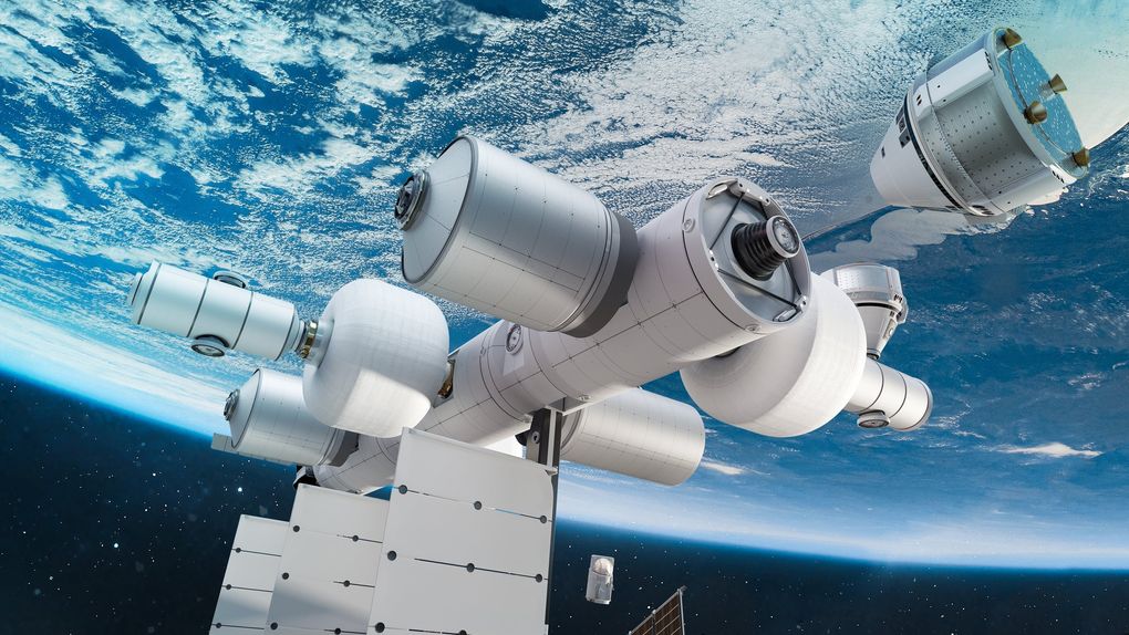 A concept image of the planned space station, with a worker floating outside in an individual pod instead of a tethered space suit. (Orbital Reef)