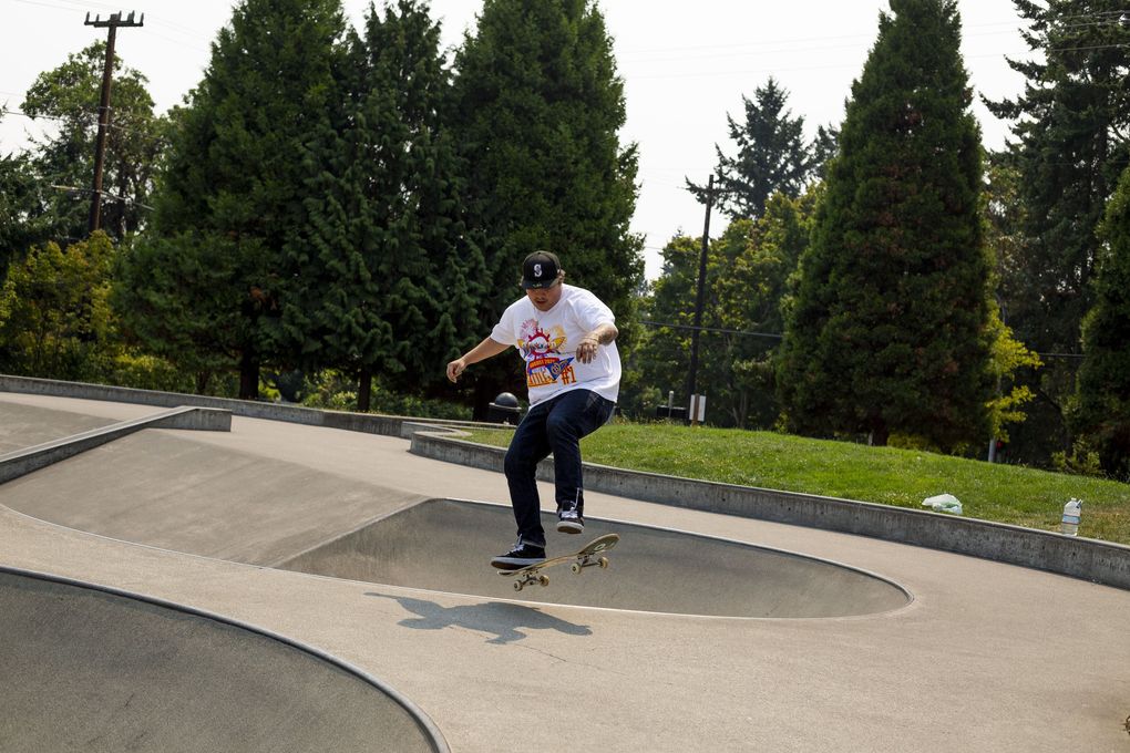 Rapper Travis Thompson skateboards in August at Burien Skate Park, where he used to skate with friends, and where he fell in love with hip-hop after having his eyes opened to artists like Mac Dre, Lil Wayne and mixtape culture. (Sylvia Jarrus / The Seattle Times)