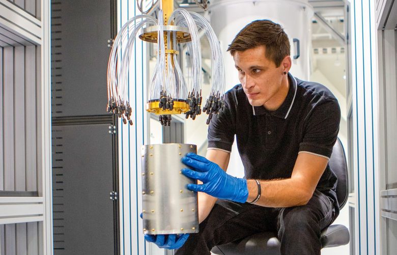 A dilution refrigerator used at the AWS Center for Quantum Computing at Caltech. MUST CREDIT: Amazon handout photo
