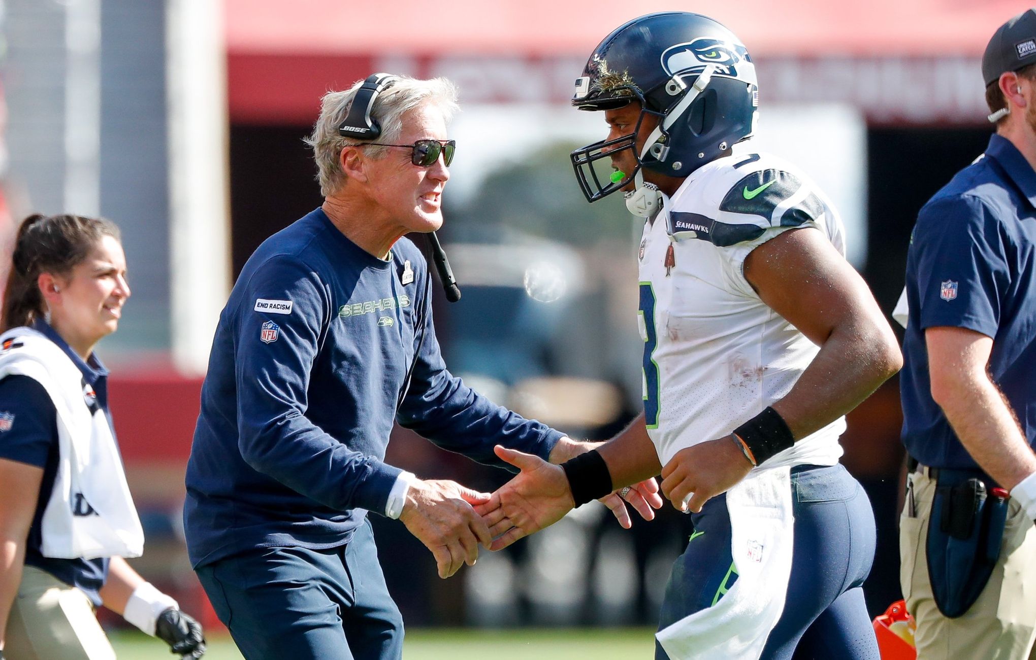 Russell Wilson dressed up as Pete Carroll for Halloween 