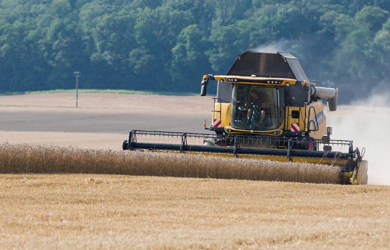 A combine harvester operates during a wheat harvest in Lierville, France, on Aug. 12.