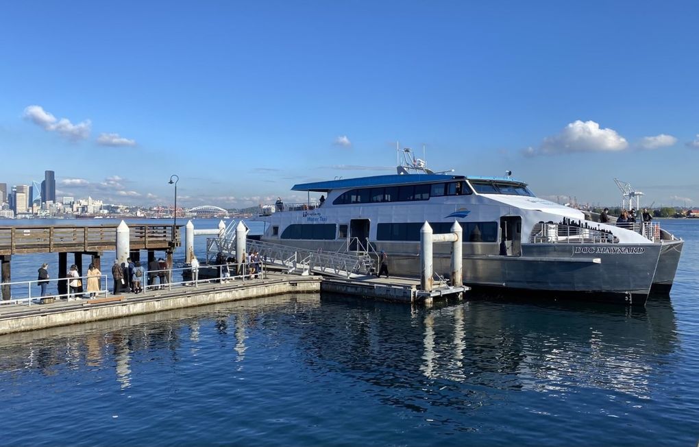 The high-speed King County Water Taxi whisks walk-on passengers between Pier 50 on the Seattle waterfront to Seacrest dock in West Seattle in 15 minutes. (Carol Pucci / Special to The Seattle Times)