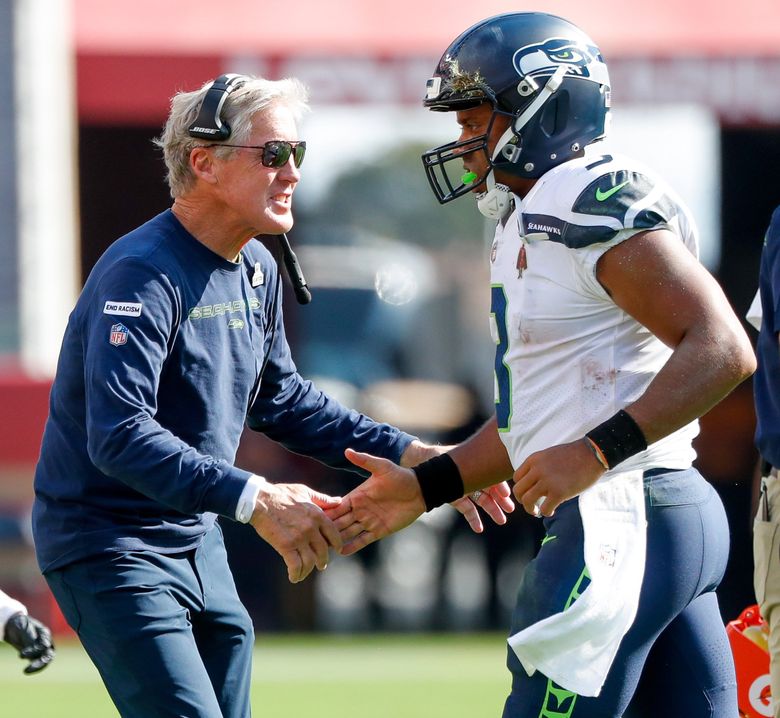 Seattle Seahawks quarterback Russell Wilson (3) reacts during the