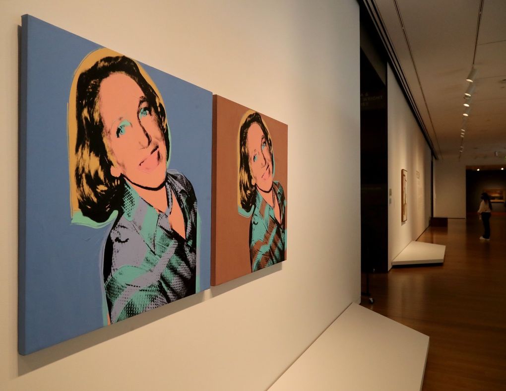 A portrait of Jane Lang Davis by Andy Warhol greets art lovers at the entrance to the exhibit “Frisson: The Richard E. Lang and Jane Lang Davis Collection” at Seattle Art Museum. (Greg Gilbert / The Seattle Times)