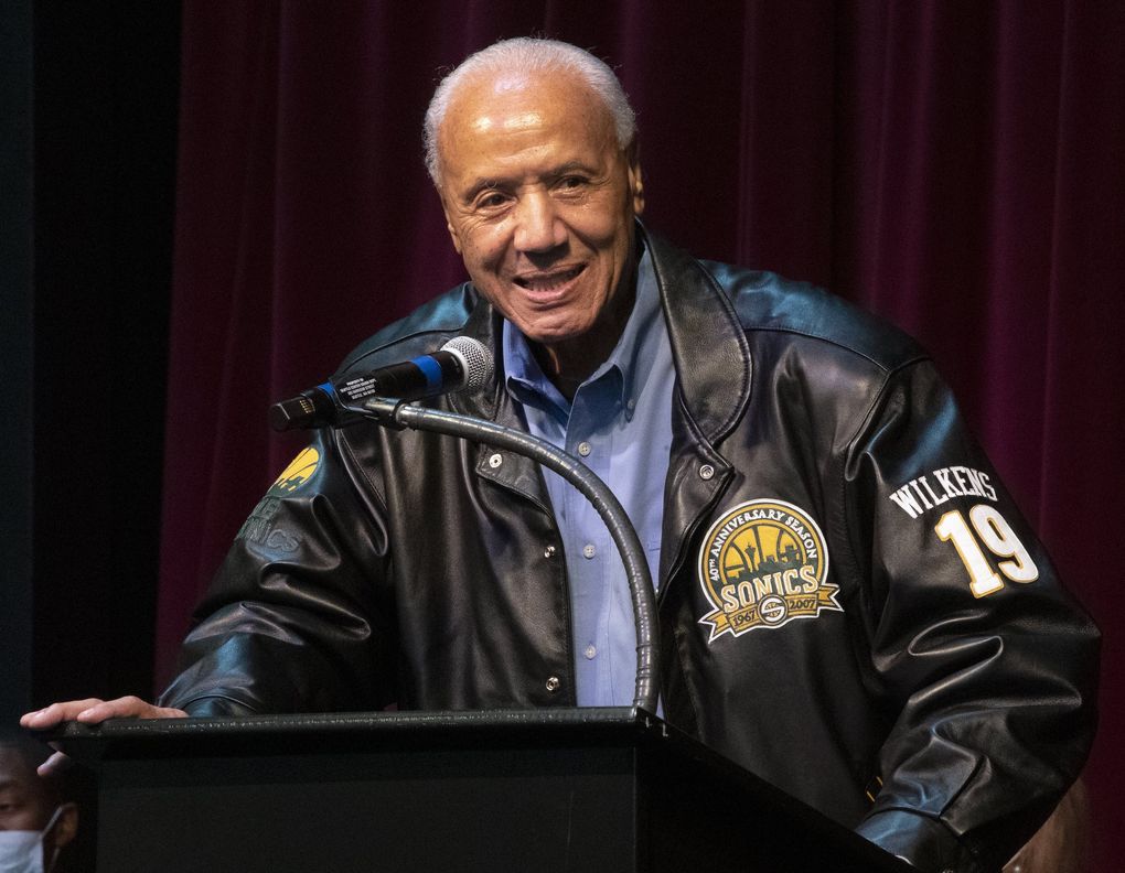 Lenny Wilkens, on his birthday, speaks at a Seattle Center Armory ceremony honoring the Sonics legend with a street named after him, Thursday, Oct. 28, 2021 in Seattle. The ceremony was moved indoors due to rainy weather. (Ken Lambert / The Seattle Times)