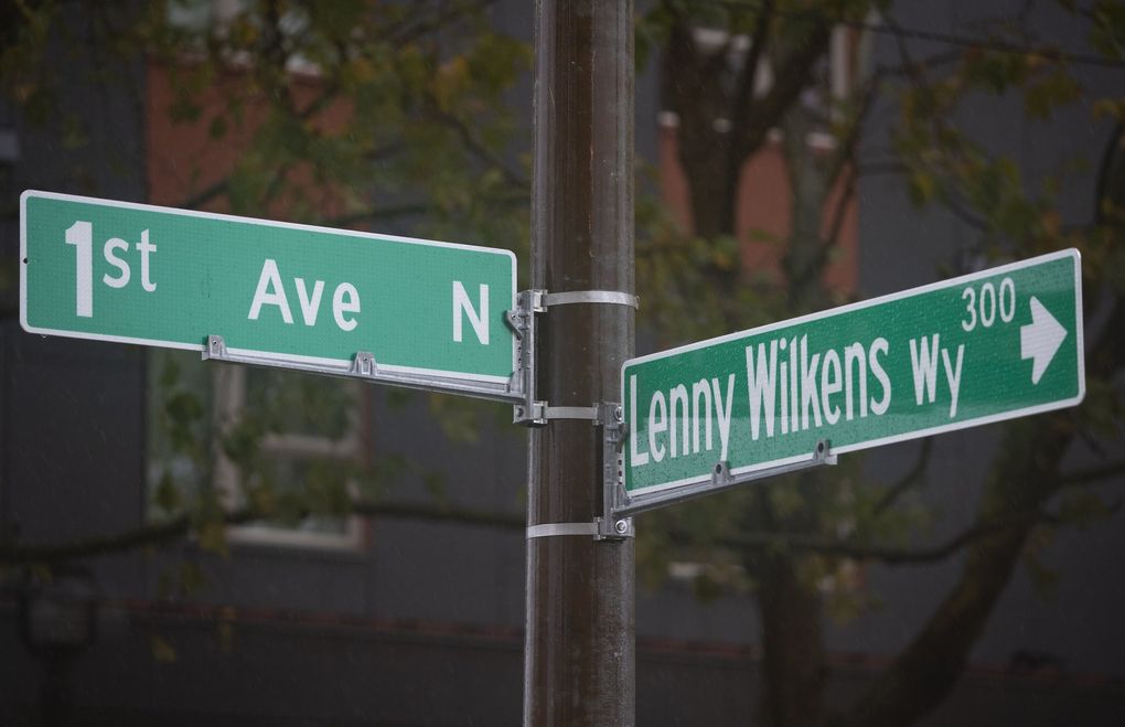 One of the new street signs honoring Sonics legend Lenny Wilkens, Thursday, Oct. 28, 2021 in Seattle. (Ken Lambert / The Seattle Times)