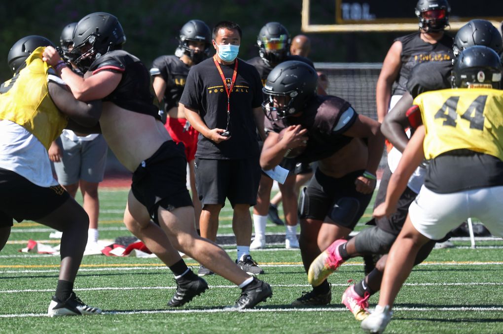 Masaki Matsumoto in his seventh season as football coach at Lincoln of Tacoma. (Ken Lambert / The Seattle Times)
