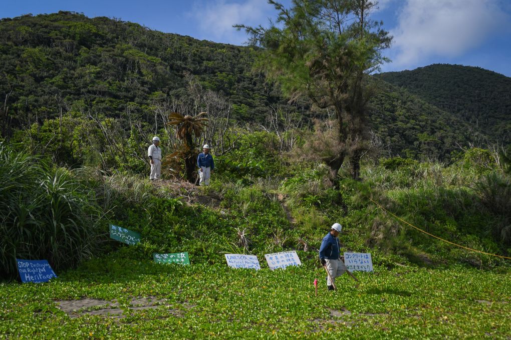 Construction workers surveying the site of the planned seawall at Katoku beach. (Noriko Hayashi / The New York Times)
