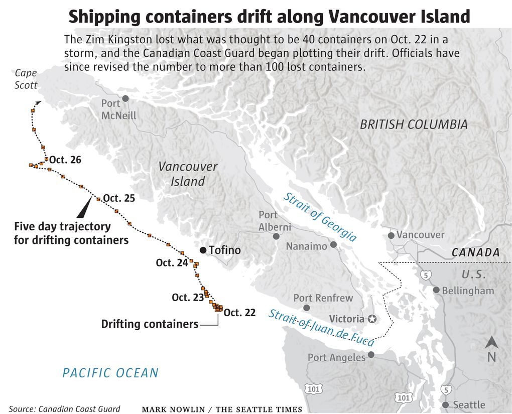 Where containers that fell overboard from the large container ship, Zim Kingston, were floating last month.