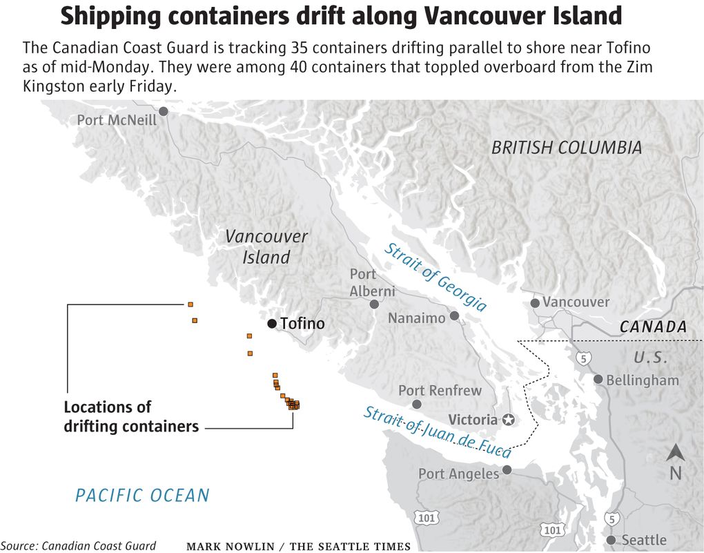 Where containers that fell overboard from the large container ship, Zim Kingston, were floating last month.