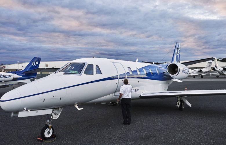 A jet provided by Wheels Up, a charter company, at Teterbroro Airport in Teterboro, N.J. on Sept. 29, 2021. Waits for charter flights are longer, and costs higher, as many more of the rich seek to avoid crowded planes and airports. (An Rong Xu/The New York Times) XNYT28 XNYT28