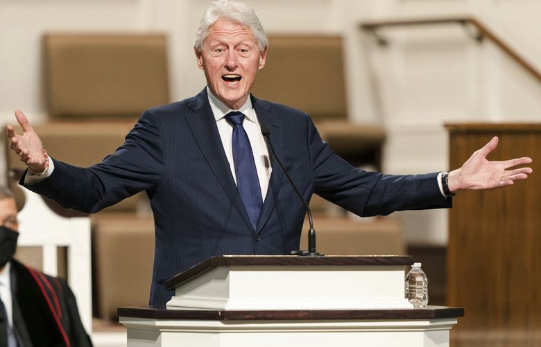 FILE – In this Jan. 27, 2021, file photo, former President Bill Clinton speaks during funeral services for Henry “Hank” Aaron, at Friendship Baptist Church in Atlanta. (Kevin D. Liles/Atlanta Braves via AP, Pool, File) WX111 WX111