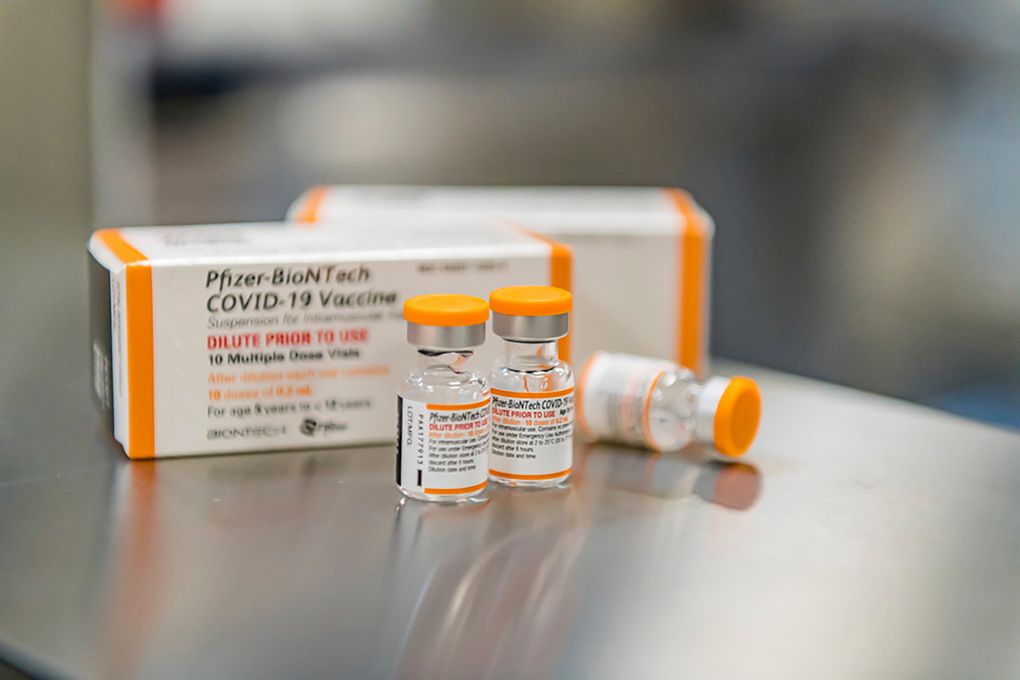 This October 2021 photo provided by Pfizer shows kid-size doses of its COVID-19 vaccine in Puurs, Belgium. The vaccine appear safe and nearly 91% effective at preventing symptomatic infections in 5- to 11-year-olds, according to study details released Friday, Oct. 22, as the U.S. considers opening vaccinations to that age group. (Pfizer via AP)