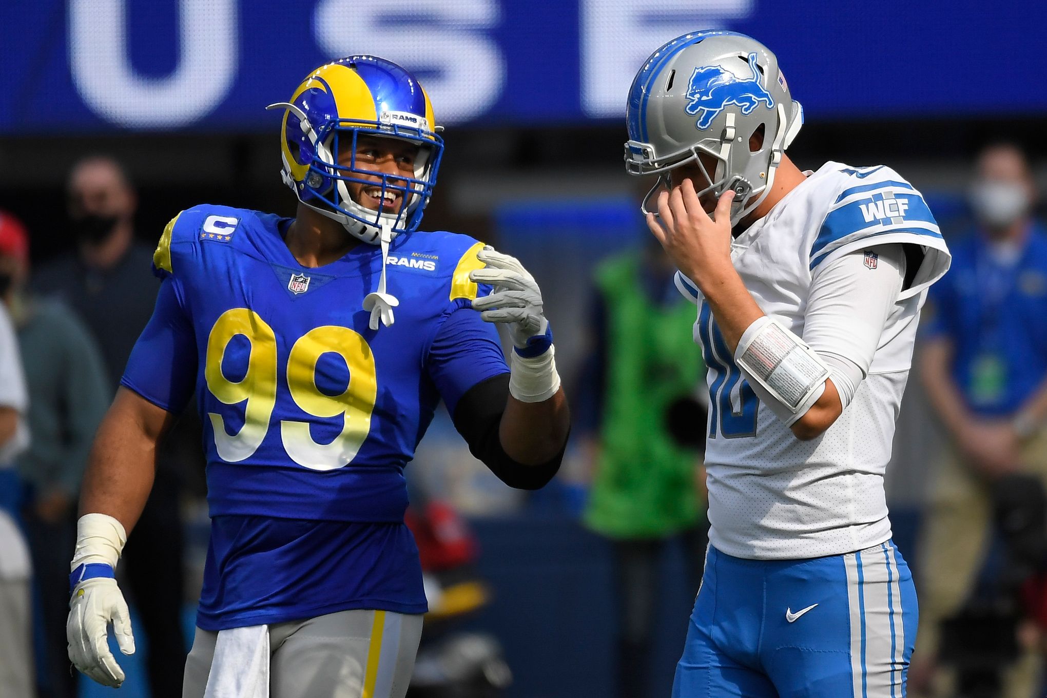 London, UK. 27 October 2019. Rams Quarterback, Jared Goff (16) throws a  pass during the NFL match Cincinnati Bengals v Los Angeles Rams at Wembley  Stadium, game 3 of this year's NFL