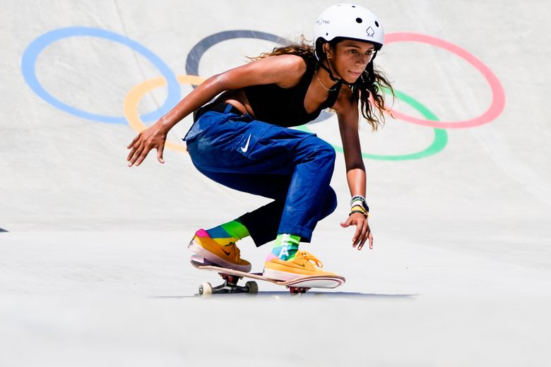 FILE &#8211; In this July 23, 2021 file photo, Brazil&#8217;s Rayssa Leal trains during a street skateboarding practice session at the 2020 Summer Olympics, in Tokyo, Japan. Life has been nothing-but-normal for the Brazilian teenager who became an overnight sensation after winning a silver medal at the Olympics’ inaugural skateboarding competition. (AP Photo/Markus Schreiber, file)
