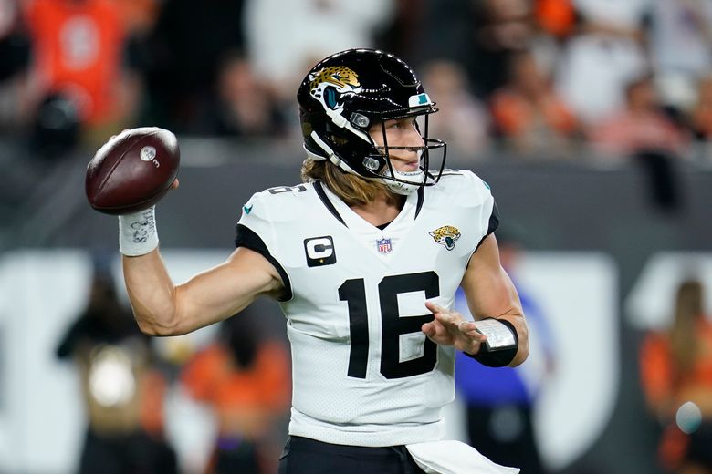 Jacksonville Jaguars quarterback Trevor Lawrence (16) is seen during the  first half of an NFL football