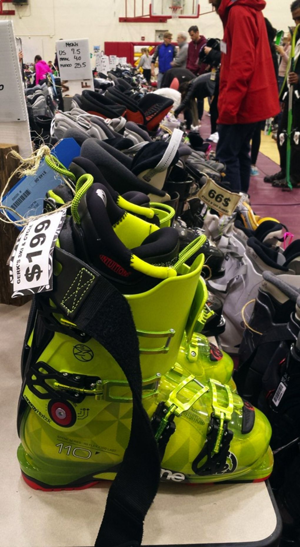 Boots with various prices are on display at a previous Newport Ski Swap at Newport High School in Bellevue. (Courtesy of Newport Ski Swap)