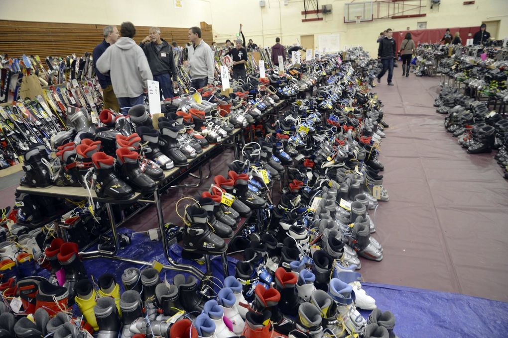 Rows of ski and snowboard boots at a previous Newport Ski Swap. There will be more than 10,000 items of snow sports equipment this year. (Courtesy of Newport Ski Swap)