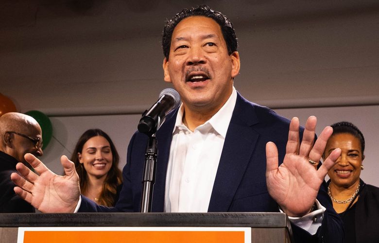 Bruce Harrell took a commanding lead in the race for Seattle Mayor after the first numbers were released.
.
Bruce Harrell met supporters in Seattleâ€™s Belltown neighborhood Tuesday, Nov. 2, 2021. 218680