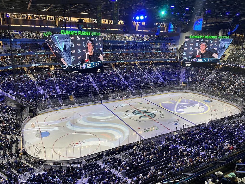 Even the nosebleeds at Climate Pledge Arena have an excellent vantage point down to the ice, as seen here at intermission during the Kraken’s Nov. 4 game against the Buffalo Sabres, a 5-2 win. (Trevor Lenzmeier / The Seattle Times)